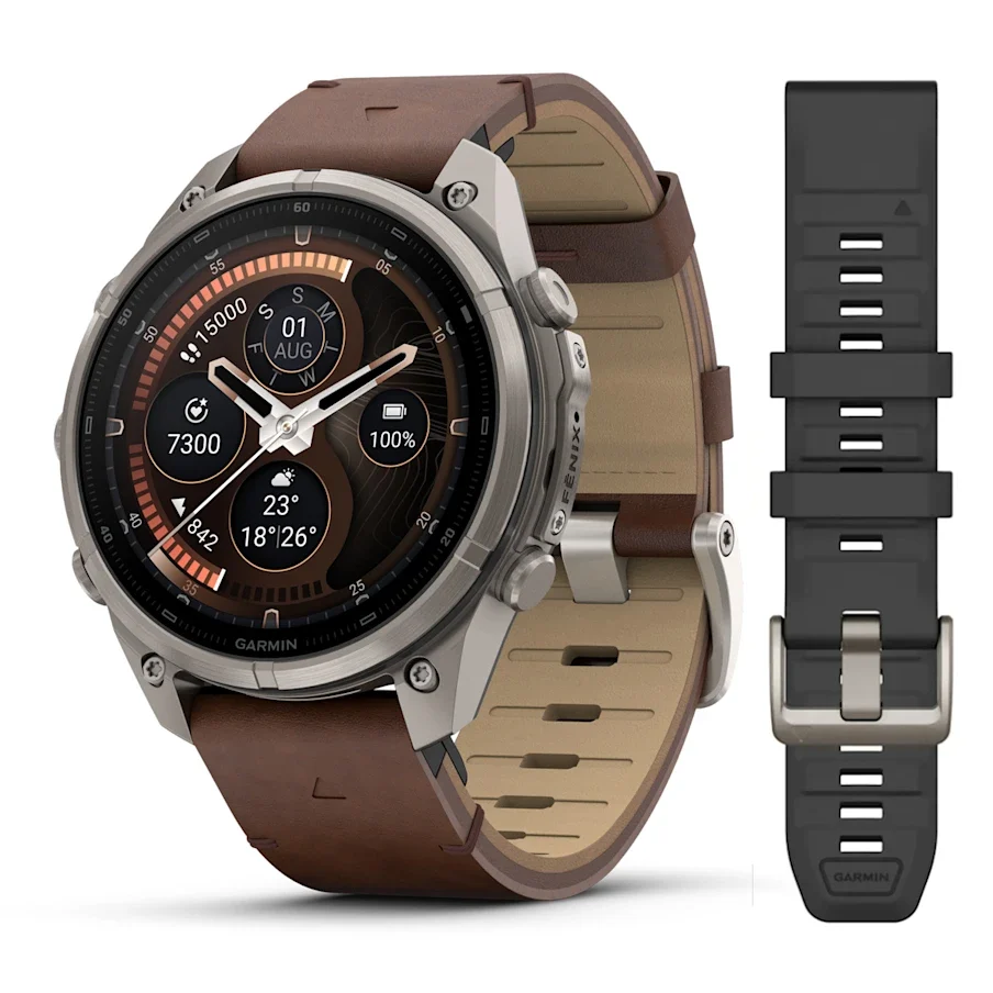 Garmin fēnix® 9 Pro inReach® 47 mm, AMOLED, Titanium with Walnut Leather Band and Pebble Grey/Silver Grey Silicone Band