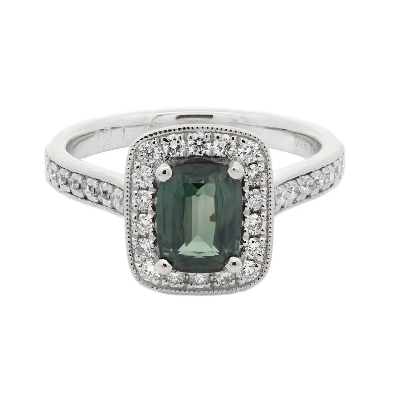 Platinum Teal Sapphire and Diamond Ring