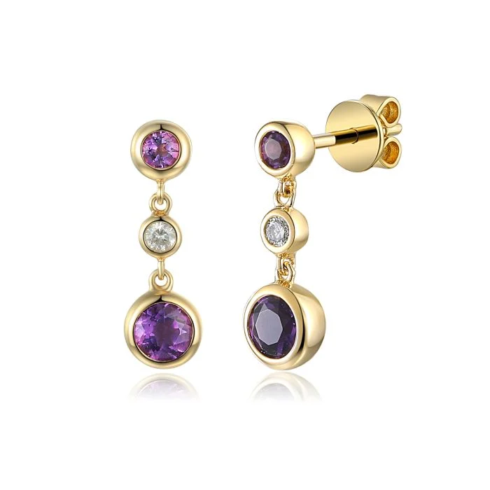 9ct Yellow Gold Diamond and Amethyst Drop Earrings