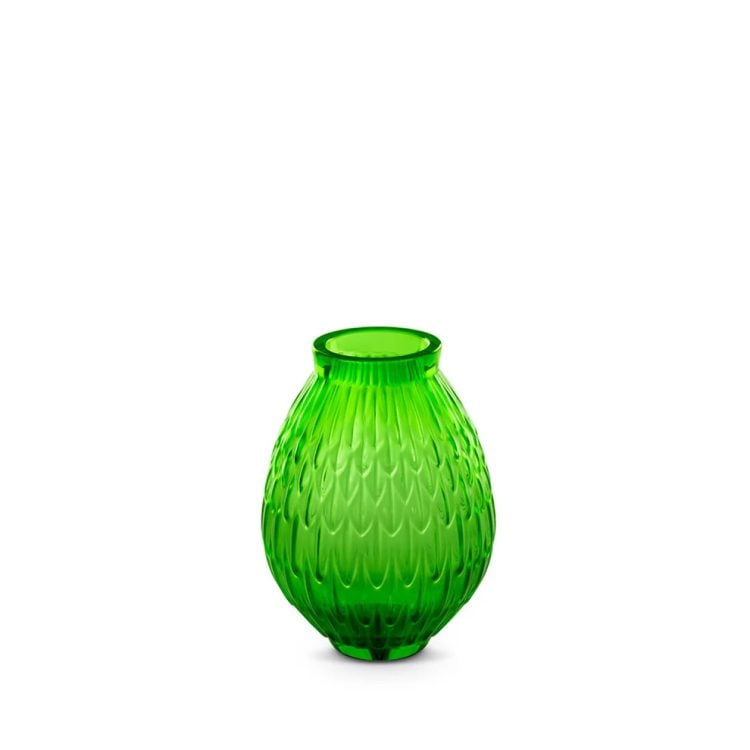 Lalique Plumes Small Vase Green Crystal