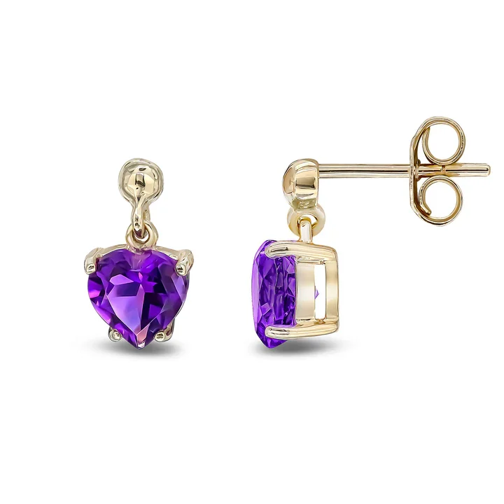 9ct Yellow Gold Amethyst Heart Drop Earrings