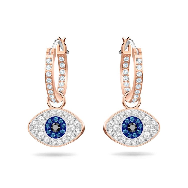 Swarovski Symbolica hoop earrings, Evil eye, Blue, Rose gold-tone plated