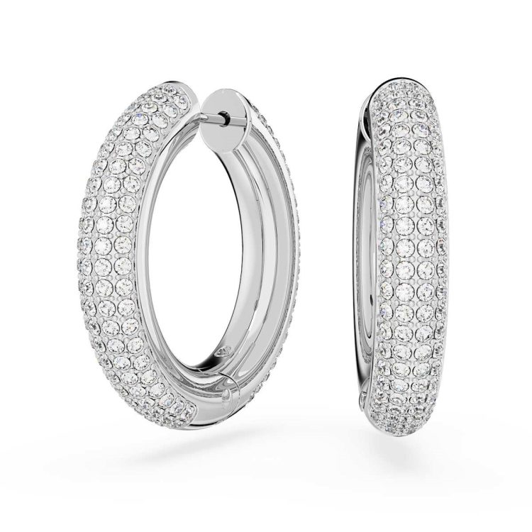 Swarovski Dextera hoop earrings, Medium, White, Rhodium plated