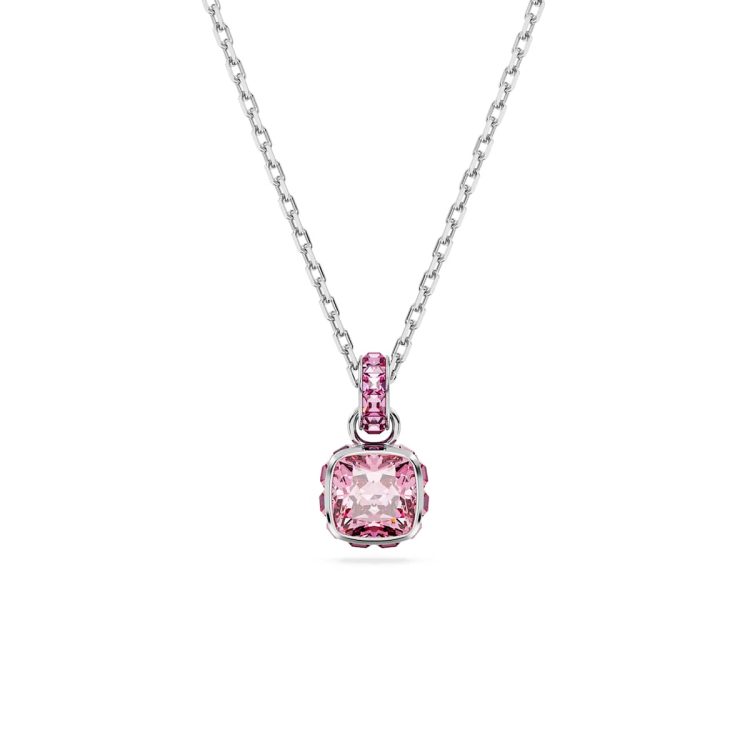 Swarovski Birthstone pendant, Square cut, October, Pink, Rhodium plated