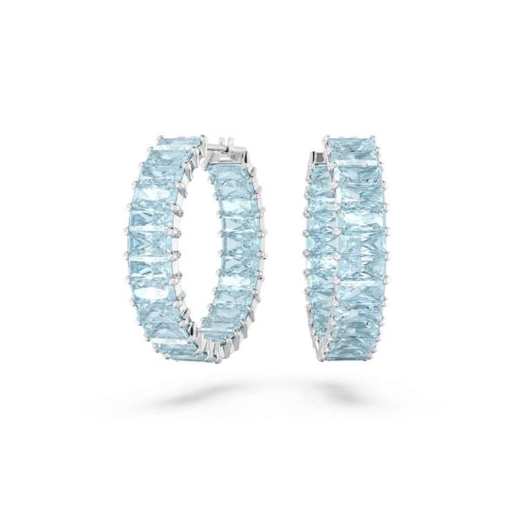 Swarovski Matrix hoop earrings, Baguette cut, Blue, Rhodium plated