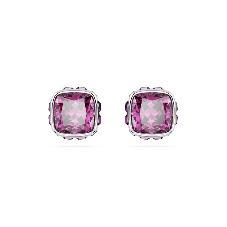 Swarovski Birthstone stud earrings, Square cut, February, Purple, Rhodium plated