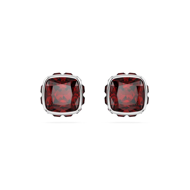 Swarovski Birthstone stud earrings, Square cut, January, Red, Rhodium plated