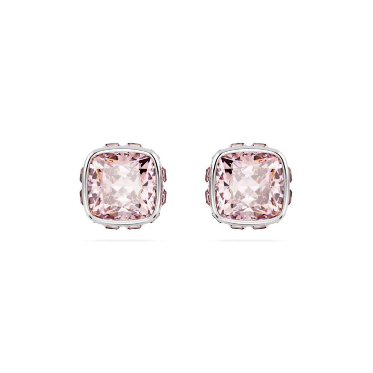 Swarovski Birthstone stud earrings, Square cut, June, Pink, Rhodium plated