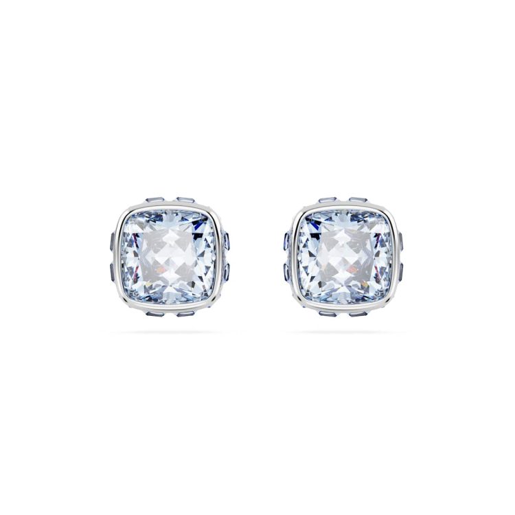 Swarovski Birthstone stud earrings, Square cut, March, Blue, Rhodium plated