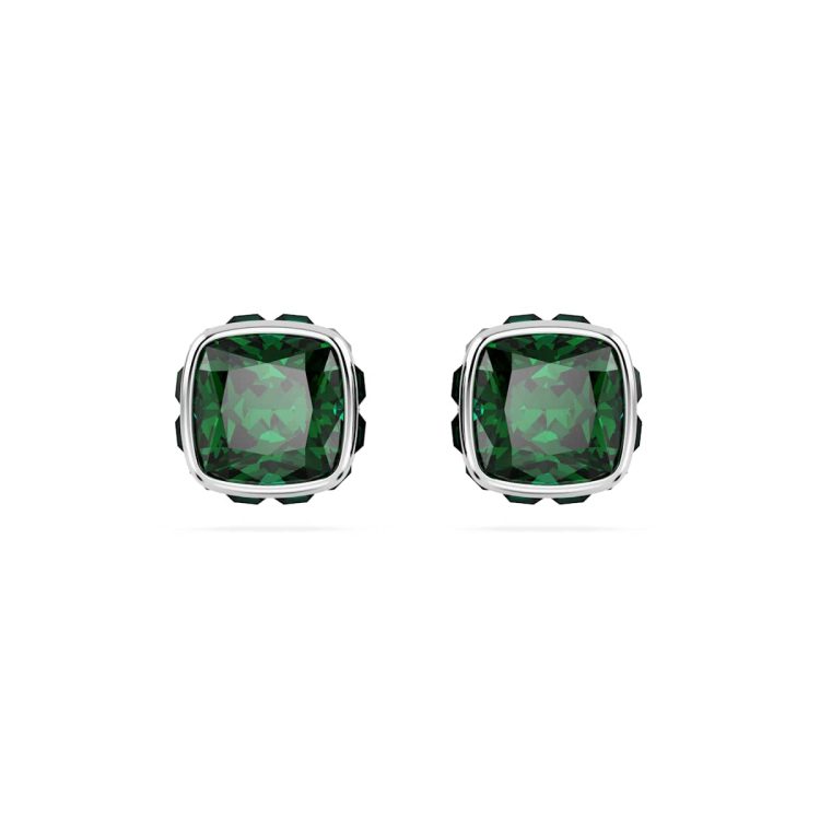 Swarovski Birthstone stud earrings, Square cut, May, Green, Rhodium plated