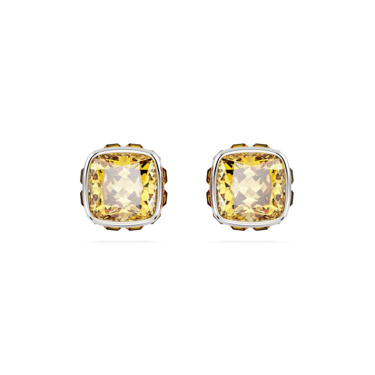 Swarovski Birthstone stud earrings, Square cut, November, Yellow, Rhodium plated