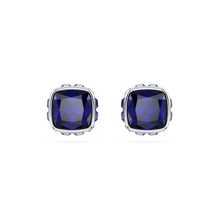Swarovski Birthstone stud earrings, Square cut, September, Blue, Rhodium plated
