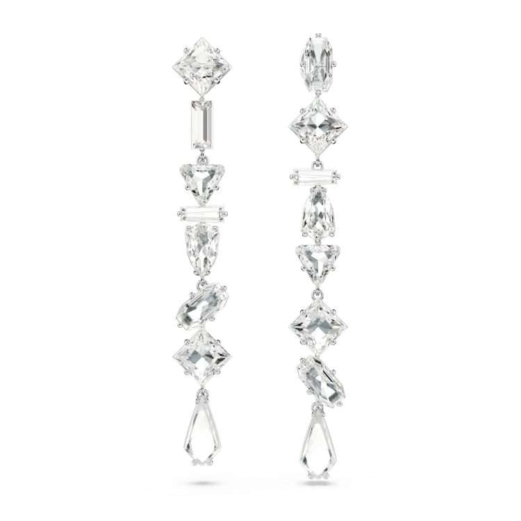Swarovski Mesmera drop earrings, Asymmetrical design, Mixed cuts, Long, White, Rhodium plated