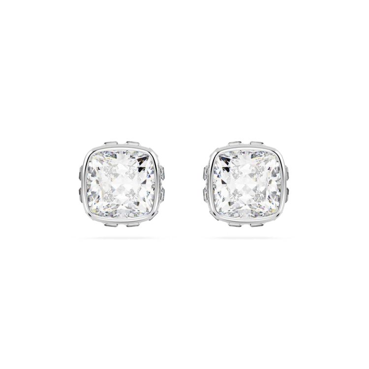 Swarovski Birthstone stud earrings, Square cut, April, White, Rhodium plated