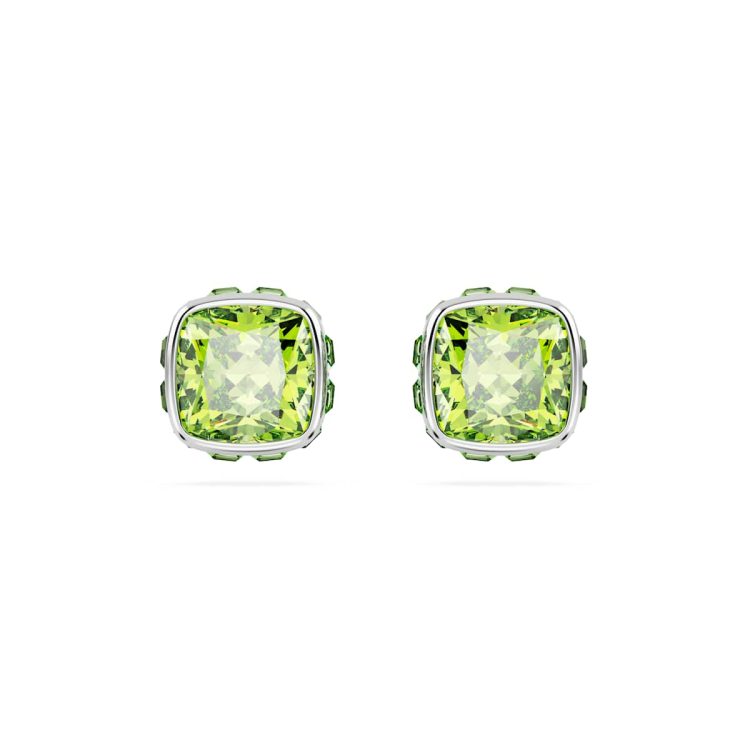 Swarovski Birthstone stud earrings, Square cut, August, Green, Rhodium plated