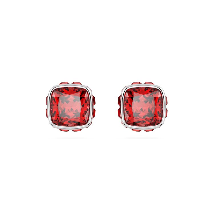 Swarovski Birthstone stud earrings, Square cut, July, Red, Rhodium plated
