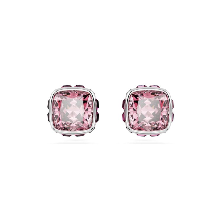 Swarovski Birthstone stud earrings, Square cut, October, Pink, Rhodium plated