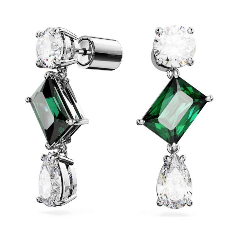Swarovski Mesmera drop earrings, Mixed cuts, Green, Rhodium plated