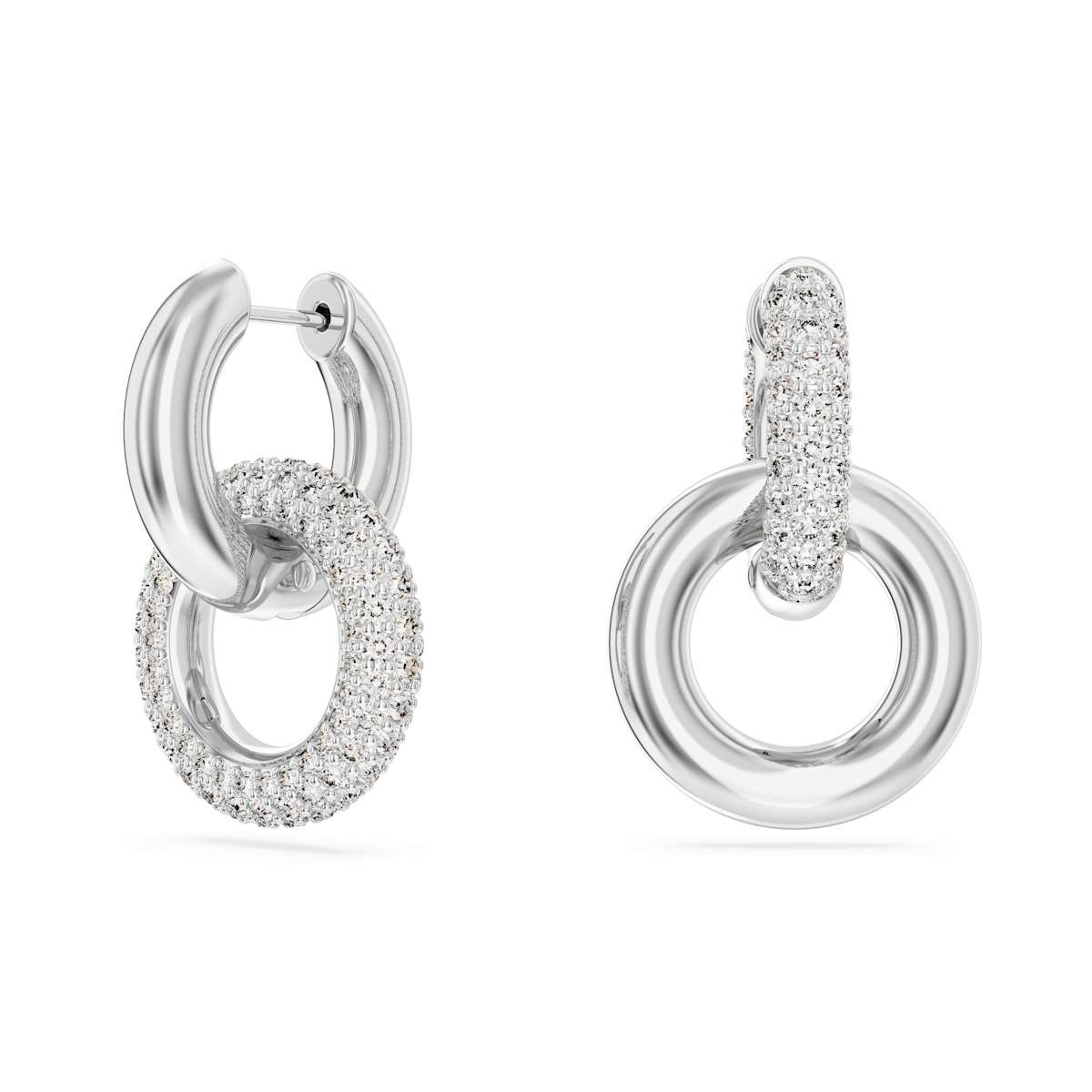 Swarovski Dextera hoop earrings, Asymmetrical design, Interlocking loop, White, Rhodium plated