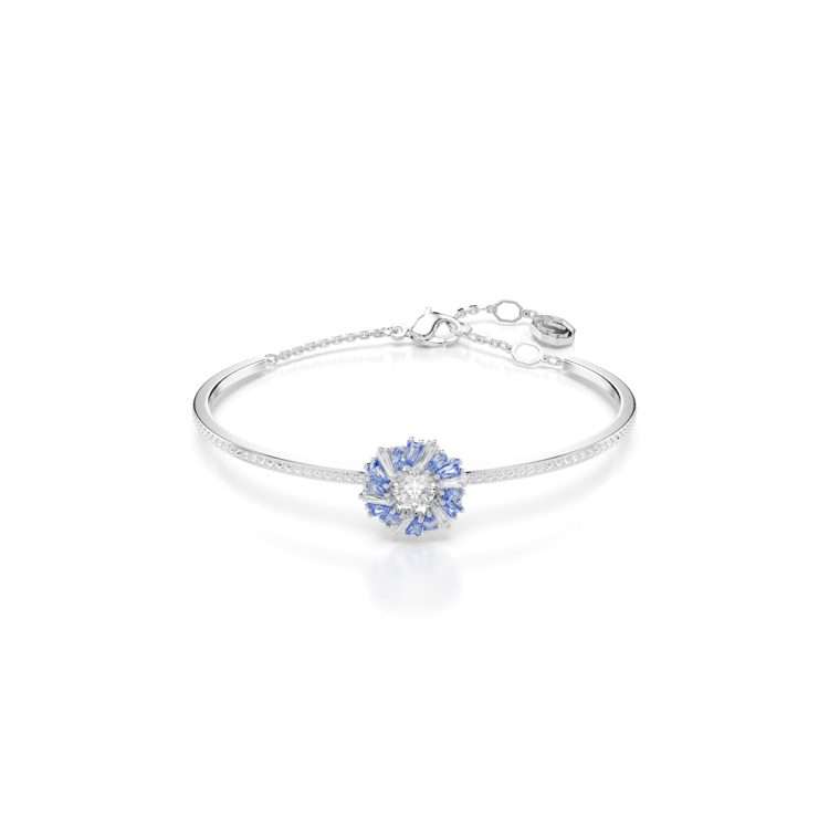 Swarovski Idyllia bangle, Flower, Blue, Rhodium plated