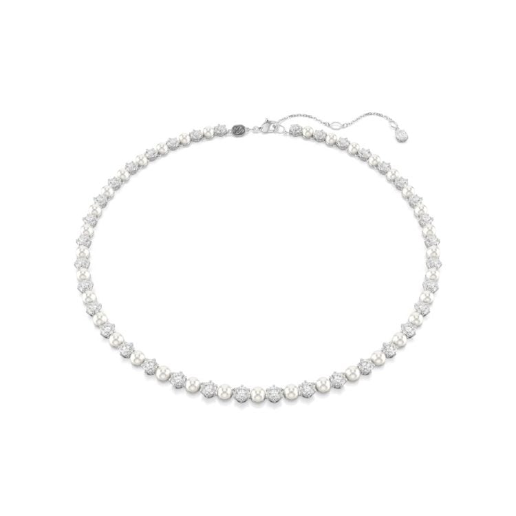 Swarovski Matrix Tennis necklace, Crystal pearl, Round cut, White, Rhodium plated