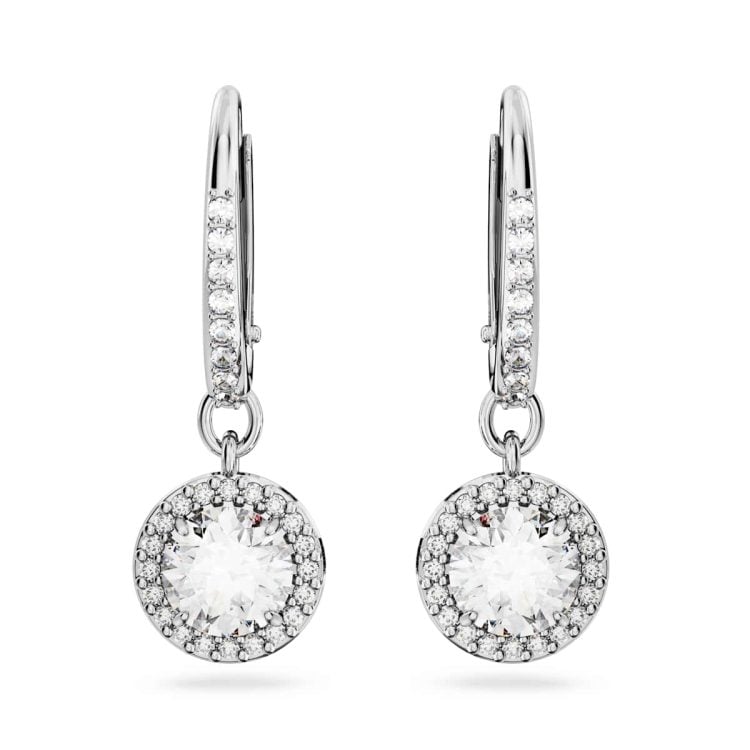 Swarovski Una Angelic drop earrings, Round cut, Pavé, White, Rhodium plated