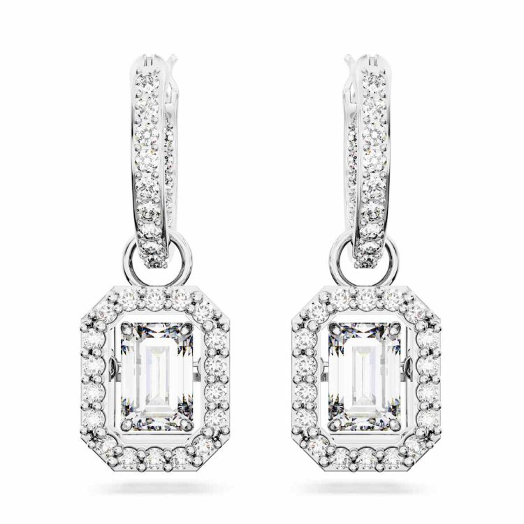 Swarovski Una drop earrings, Octagon cut, White, Rhodium plated