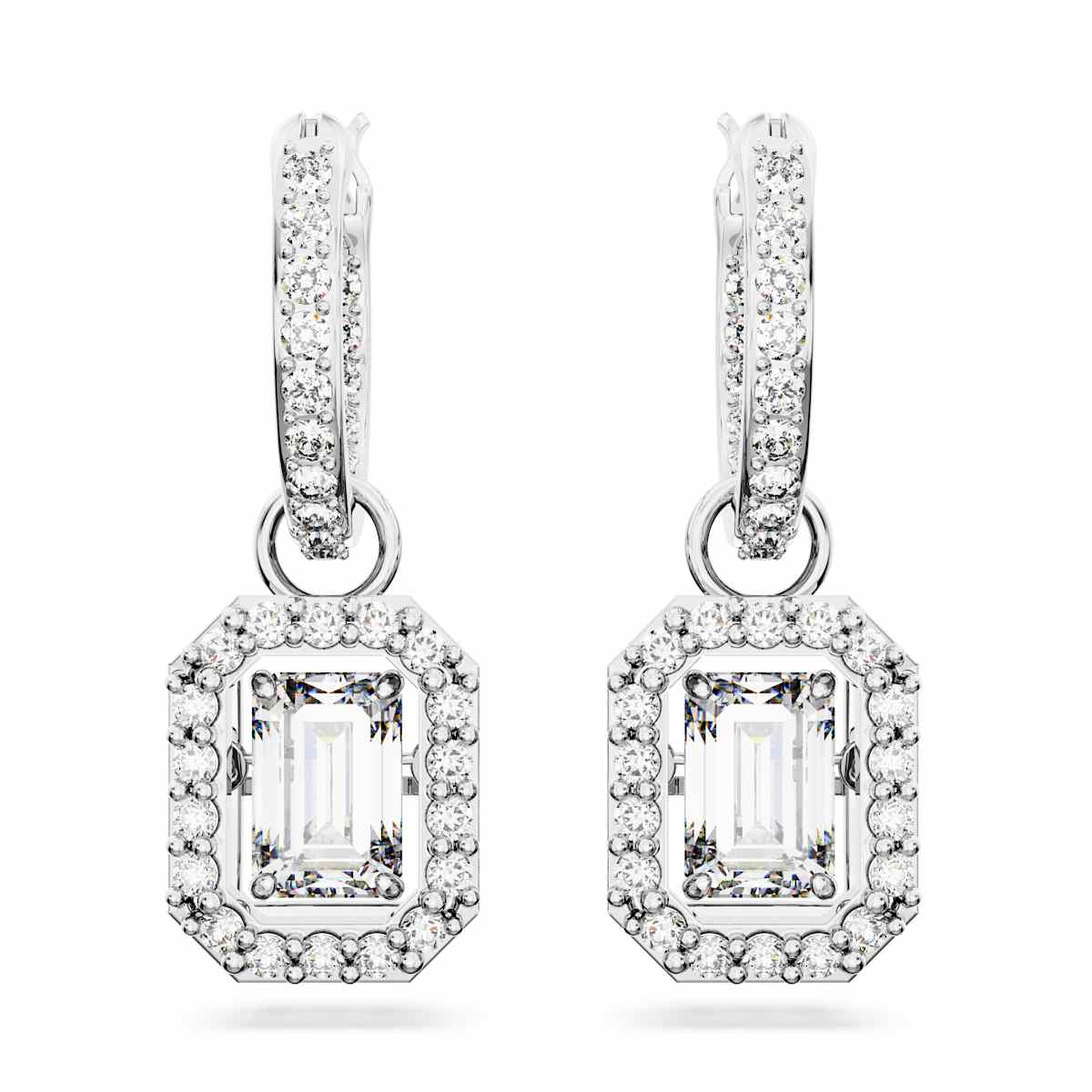 Swarovski Una drop earrings, Octagon cut, White, Rhodium plated : 5689684
