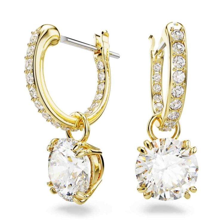 Swarovski Stilla drop earrings, Round cut, White, Gold-tone plated