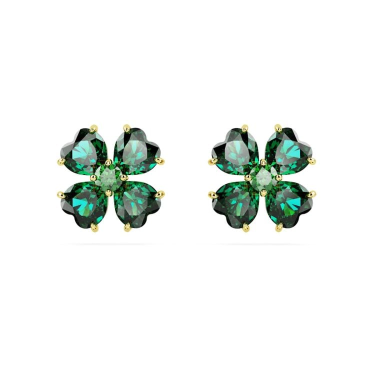 Swarovski Idyllia stud earrings, Clover, Green, Gold-tone plated