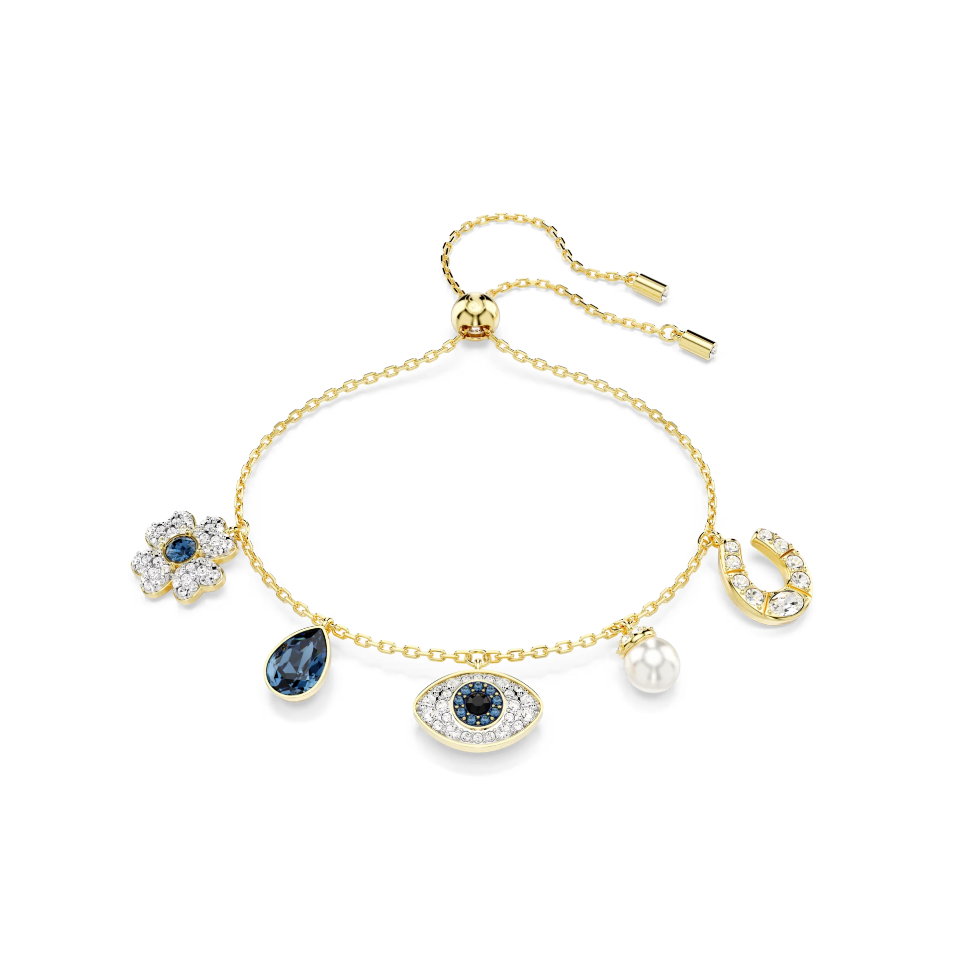 Swarovski Symbolica bracelet, Crystal pearl, Clover, evil eye and horseshoe, Blue, Gold-tone plated