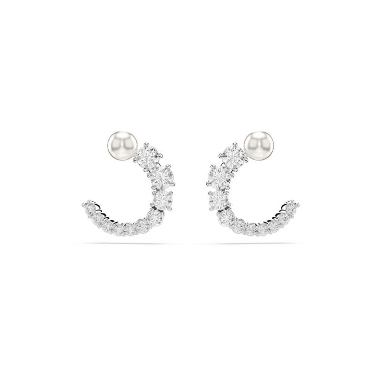 Swarovski Matrix hoop earrings, Crystal pearl, Round cut, White, Rhodium plated