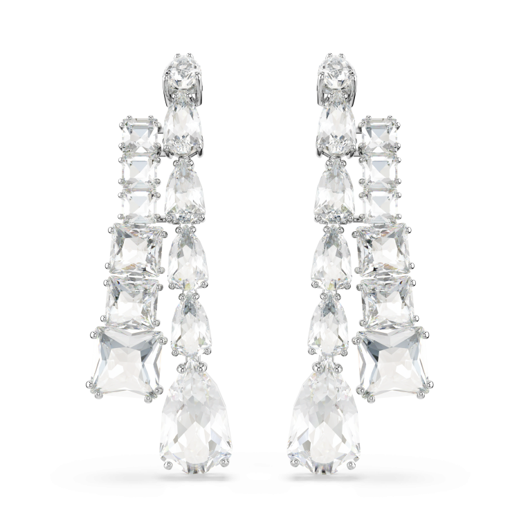 Swarovski Matrix drop earrings, Mixed cuts, White, Rhodium plated