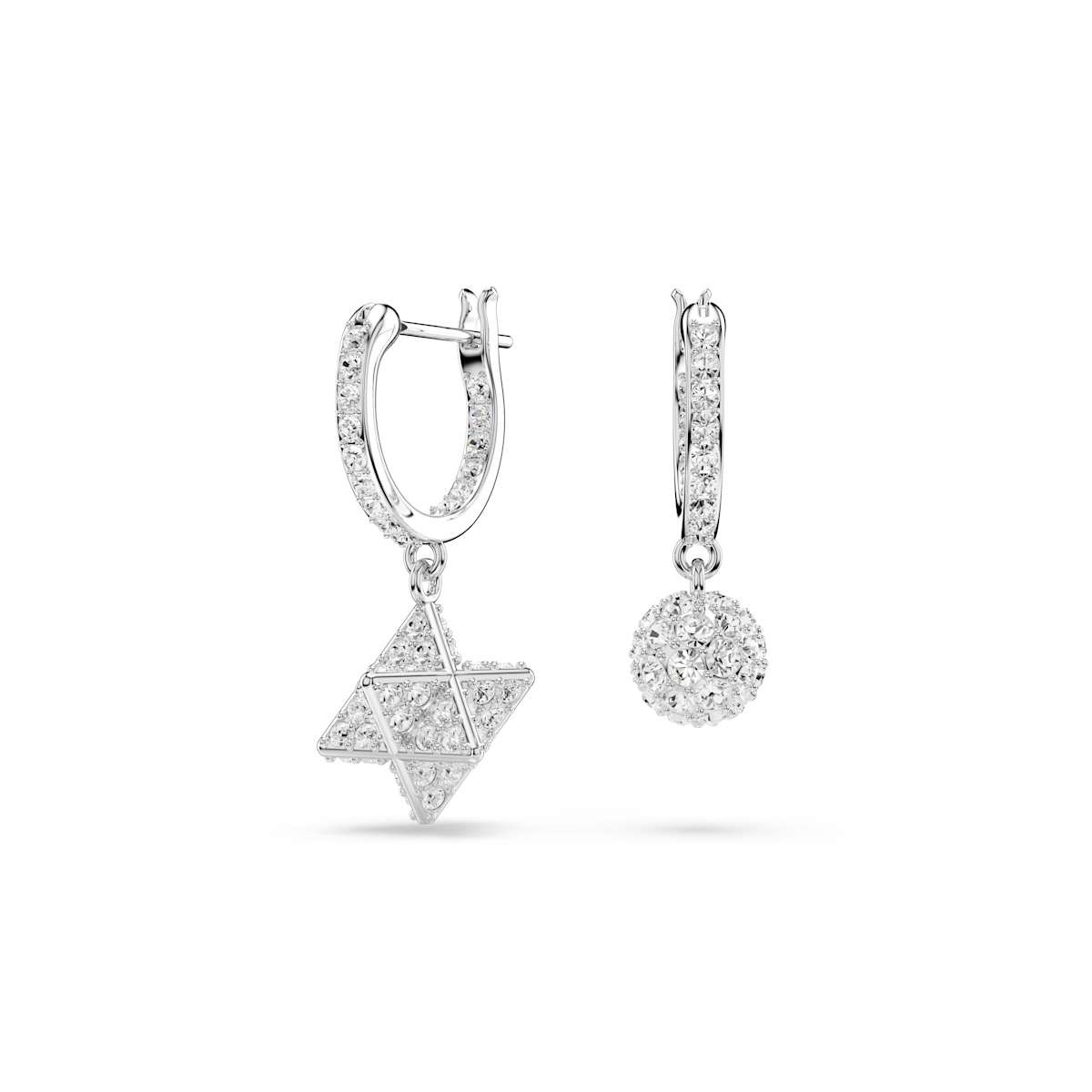 Swarovski Dextera drop earrings, Asymmetrical design, Round cut, Star and sphere, White, Rhodium plated