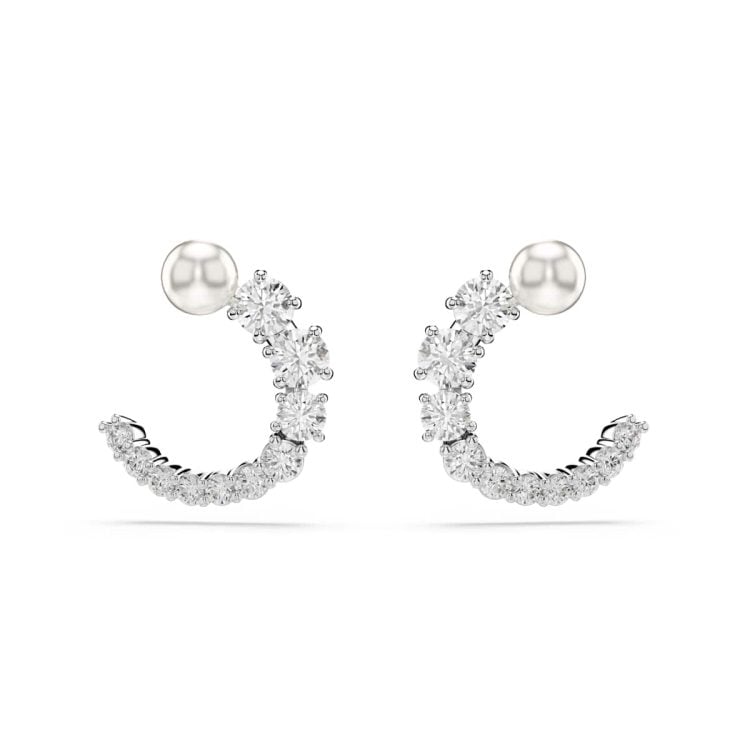 Swarovski Matrix hoop earrings, Crystal pearl, Round cut, White, Rhodium plated