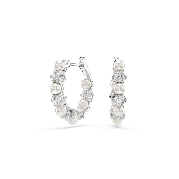 Swarovski Matrix hoop earrings, Crystal pearl, Round cut, White, Rhodium plated