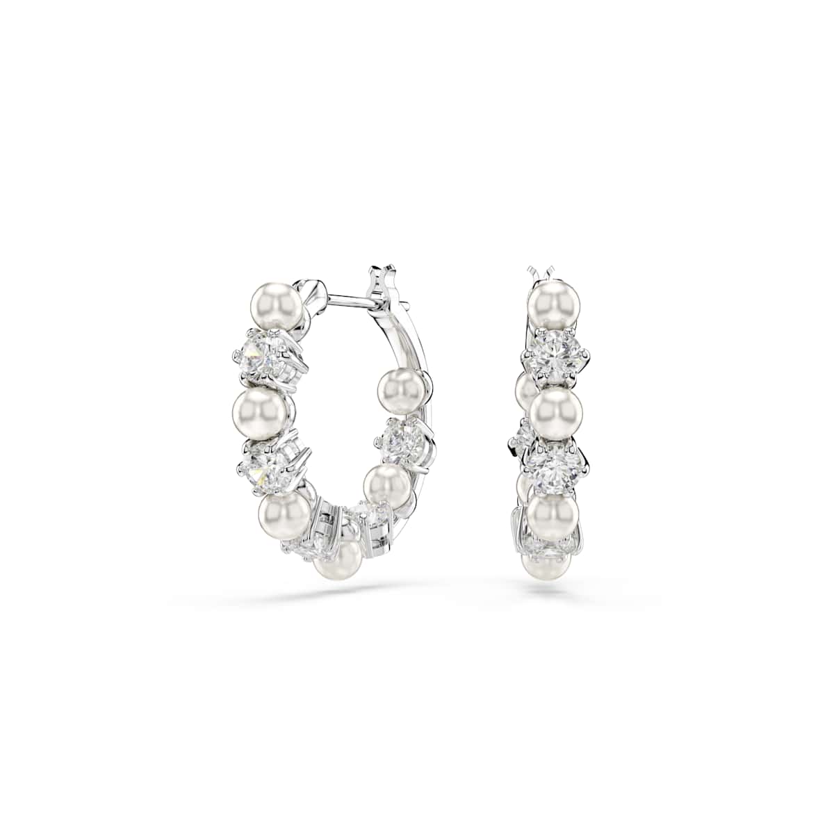 Swarovski Matrix hoop earrings, Crystal pearl, Round cut, White, Rhodium plated : 5709256