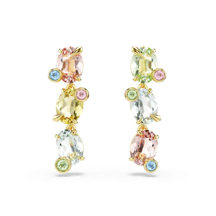 Swarovski Gema drop earrings, Asymmetrical design, Mixed cuts, Multicolored, Gold-tone plated