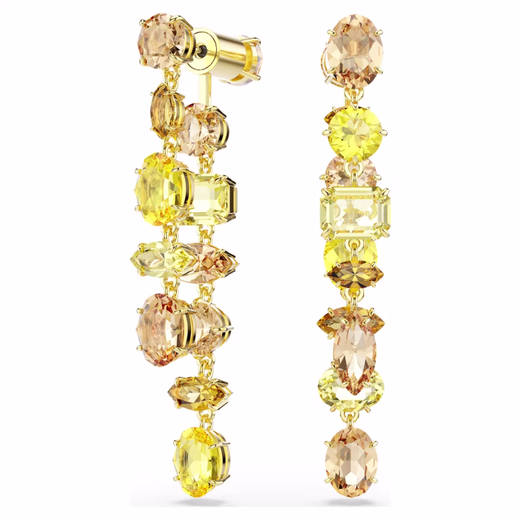 Swarovski Gema drop earrings, Asymmetrical design, Mixed cuts, Long, Yellow, Gold-tone plated