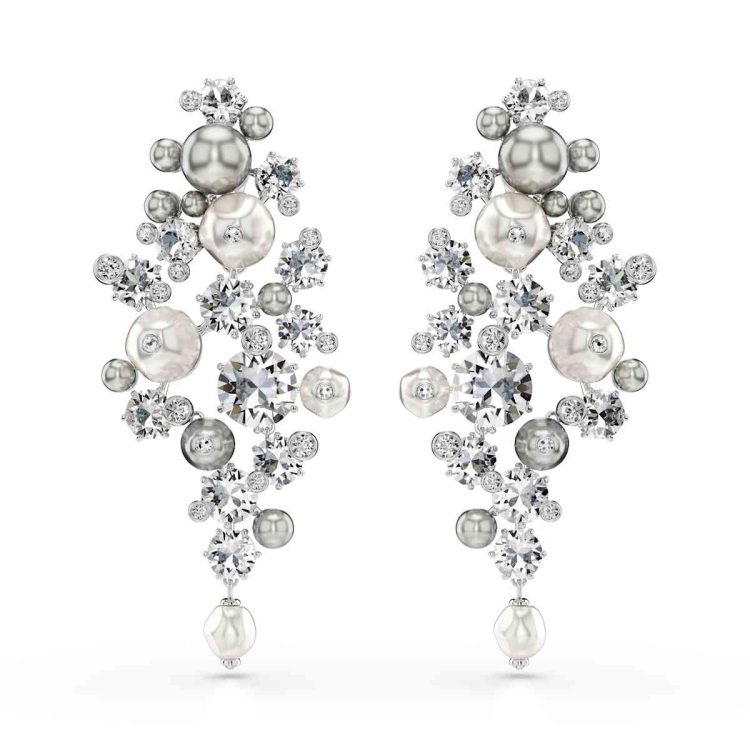 Swarovski Constella earrings, Crystal pearl, Round cut, White, Rhodium plated