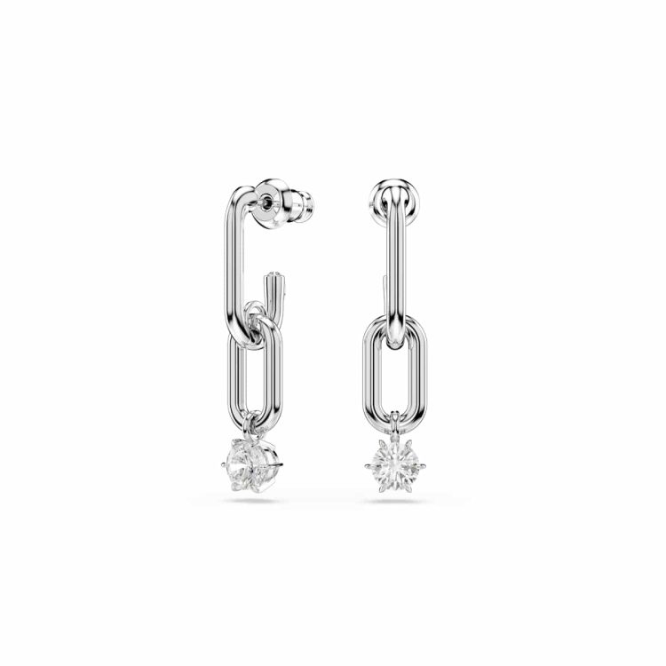 Swarovski Constella drop earrings, Round cut, White, Rhodium plated
