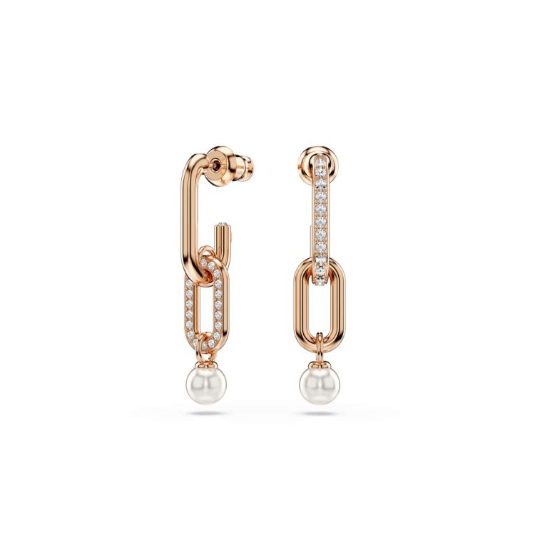 Swarovski Constella drop earrings, Crystal pearl, Round cut, White, Rose gold-tone plated