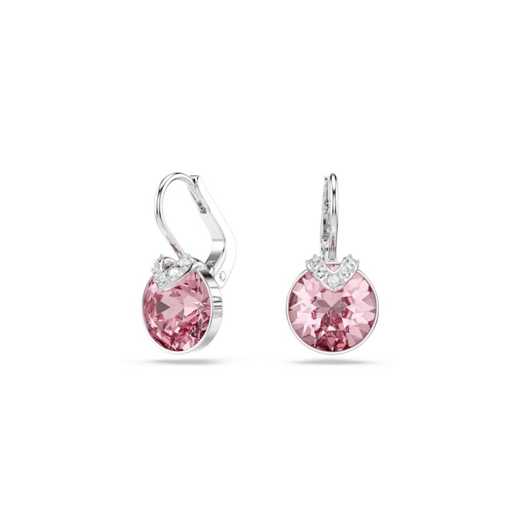 Swarovski Bella V drop earrings, Round cut, Pink, Rhodium plated