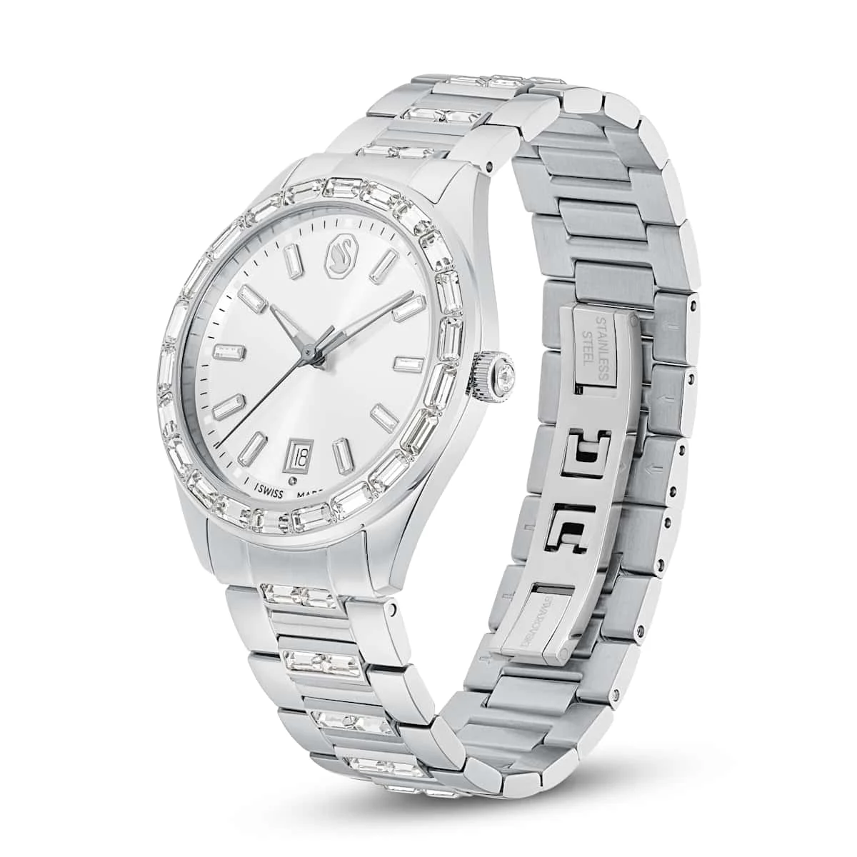 Swarovski Matrix date watch Swiss Made Metal bracelet Silver Tone Stainless steel