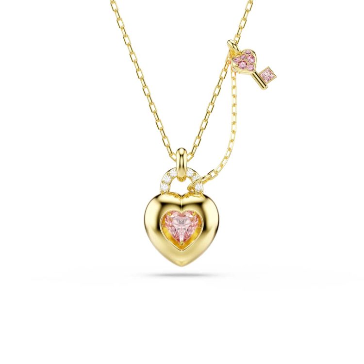 Swarovski Idyllia pendant, Mixed cuts, Heart, key, Pink, Gold-tone plated
