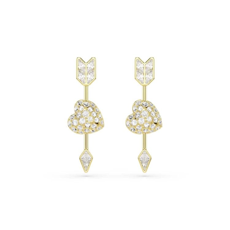 Swarovski Idyllia drop earrings, Mixed cuts, Heart with arrow, White, Gold-tone plated