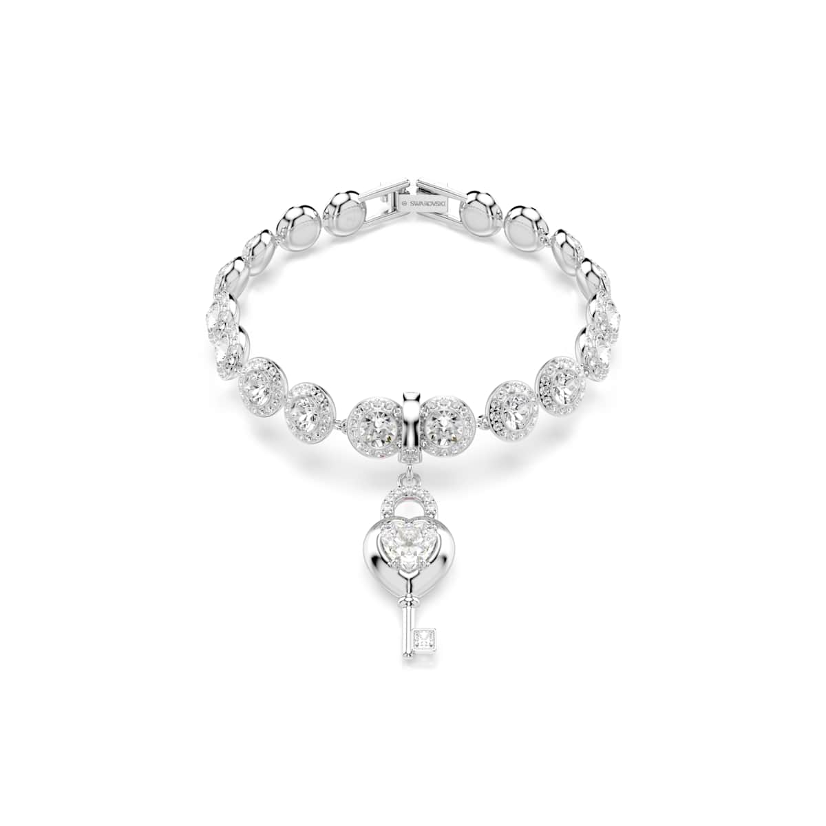 Swarovski Idyllia charm, Mixed cuts, Heart with key, White, Rhodium plated