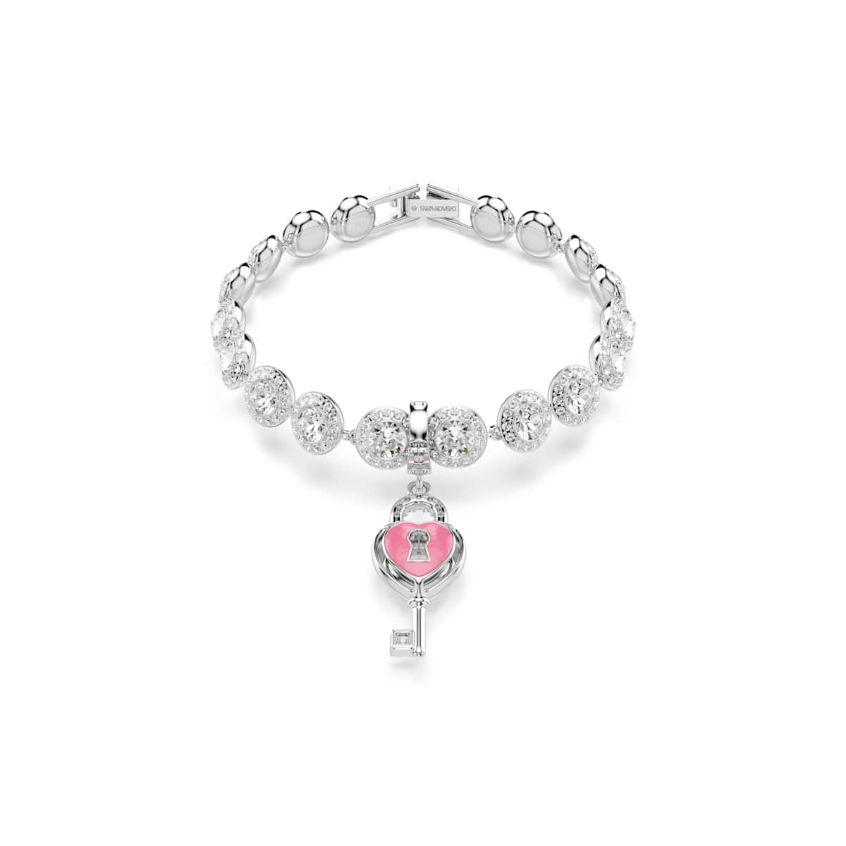 Swarovski Idyllia charm, Mixed cuts, Heart with key, White, Rhodium plated