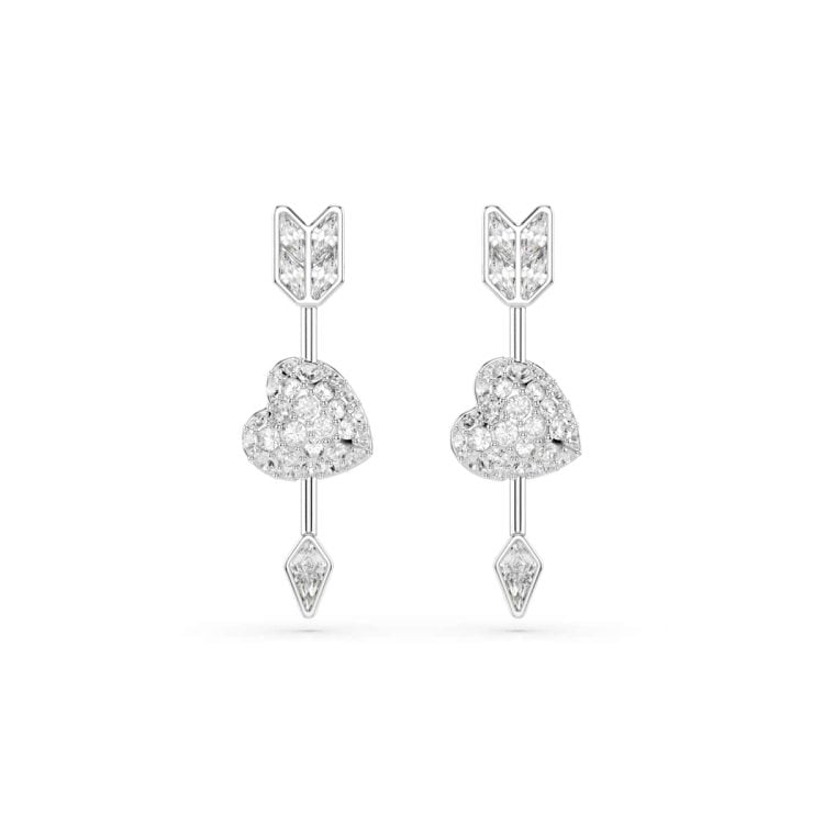 Swarovski Idyllia drop earrings, Mixed cuts, Heart with arrow, White, Rhodium plated