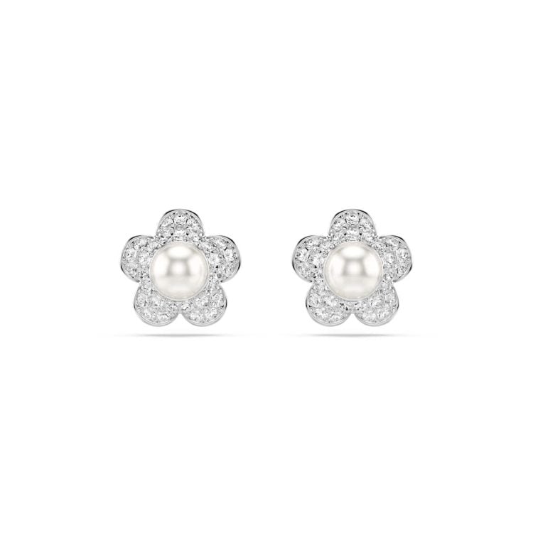 Ariana Grande x Swarovski stud earrings, Crystal pearl, Round cut, Flower, White, Rhodium plated